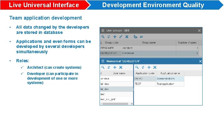 Live Universal Interface Team application development • All data changed by the developers are