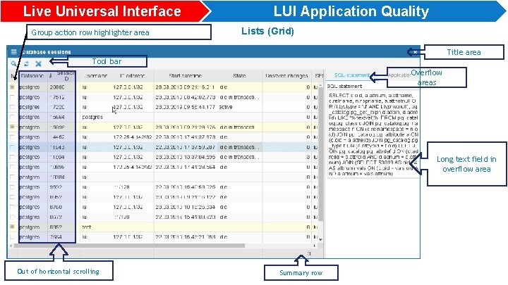 Live Universal Interface Group action row highlighter area LUI Application Quality Lists (Grid) Title