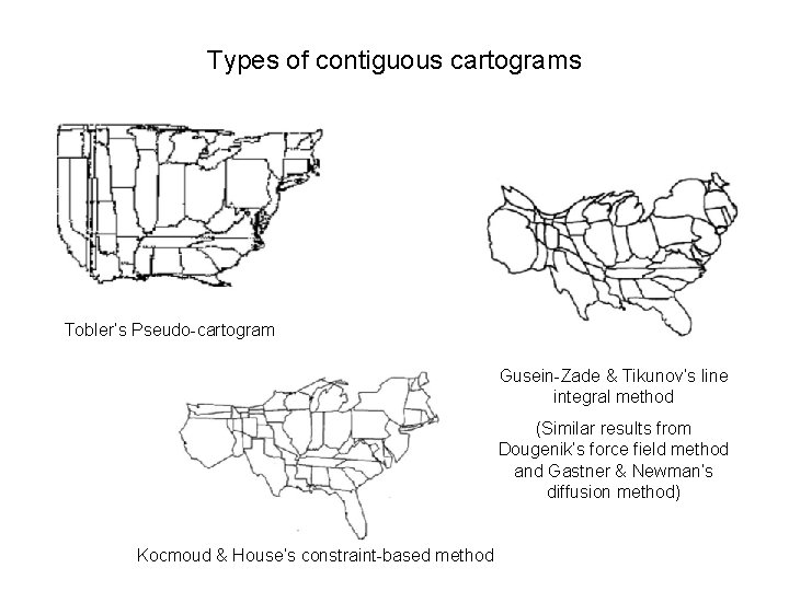 Types of contiguous cartograms Tobler’s Pseudo-cartogram Gusein-Zade & Tikunov’s line integral method (Similar results