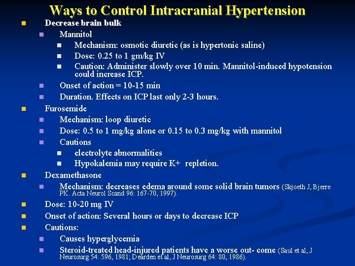 Ways to Control Intracranial Hypertension Decrease brain bulk Mannitol Mechanism: osmotic diuretic (as is Ways to Control Intracranial Hypertension Decrease brain bulk Mannitol Mechanism: osmotic diuretic (as is
