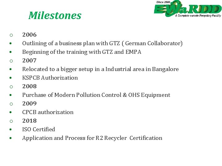 Milestones o • • o • o • • 2006 Outlining of a business