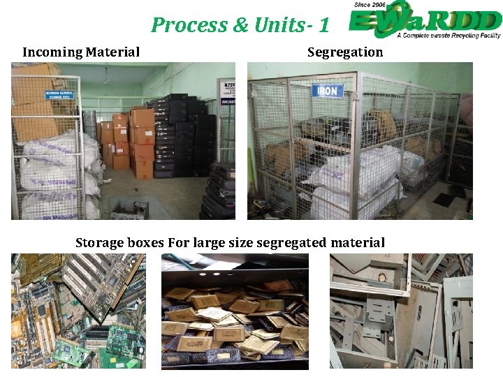 Process & Units- 1 Incoming Material Segregation Storage boxes For large size segregated material