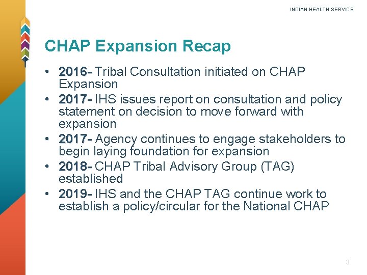 INDIAN HEALTH SERVICE CHAP Expansion Recap • 2016 - Tribal Consultation initiated on CHAP