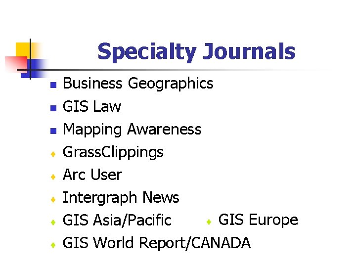 Specialty Journals n n n ¨ ¨ ¨ Business Geographics GIS Law Mapping Awareness