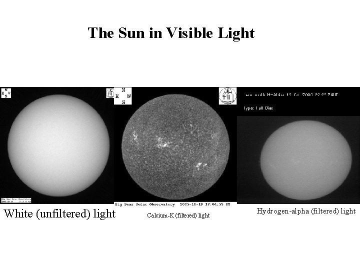 The Sun in Visible Light White (unfiltered) light Calcium-K (filtered) light Hydrogen-alpha (filtered) light