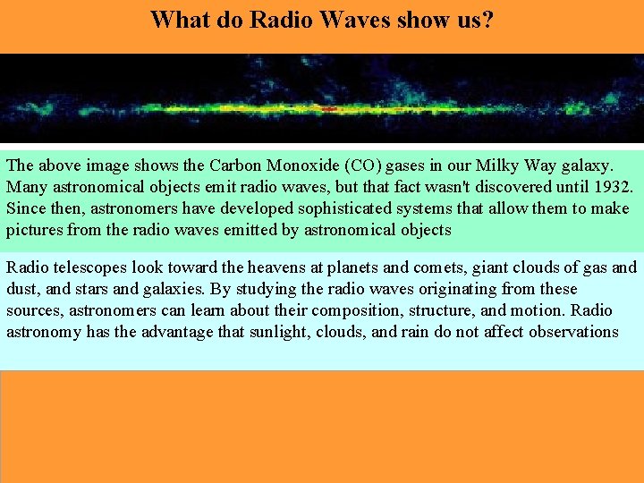 What do Radio Waves show us? The above image shows the Carbon Monoxide (CO)