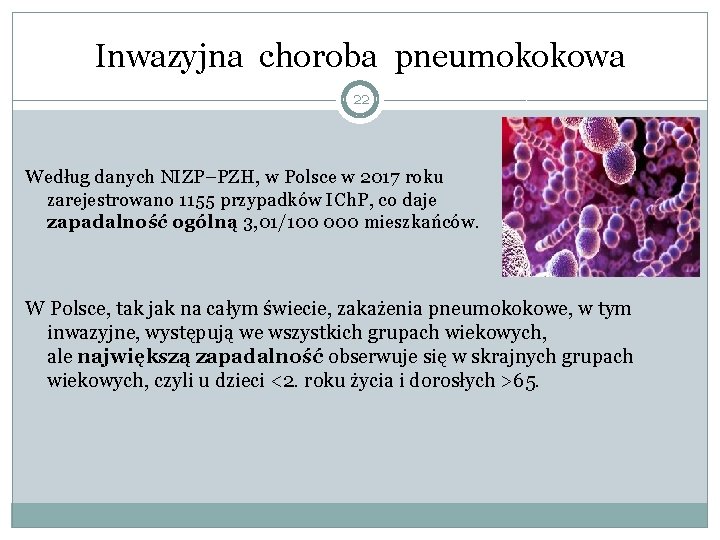 Inwazyjna choroba pneumokokowa 22 Według danych NIZP–PZH, w Polsce w 2017 roku zarejestrowano 1155