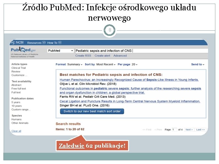 Źródło Pub. Med: Infekcje ośrodkowego układu nerwowego 8 Zaledwie 62 publikacje! 