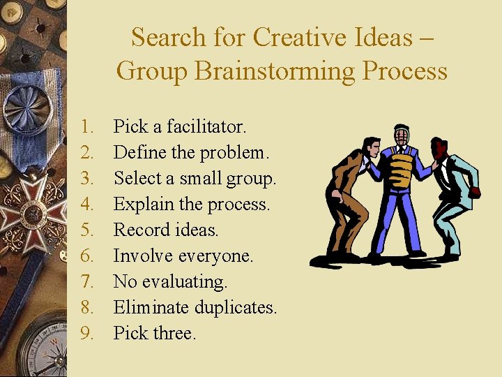 Search for Creative Ideas – Group Brainstorming Process 1. 2. 3. 4. 5. 6.