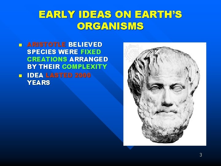 EARLY IDEAS ON EARTH’S ORGANISMS n n ARISTOTLE BELIEVED SPECIES WERE FIXED CREATIONS ARRANGED