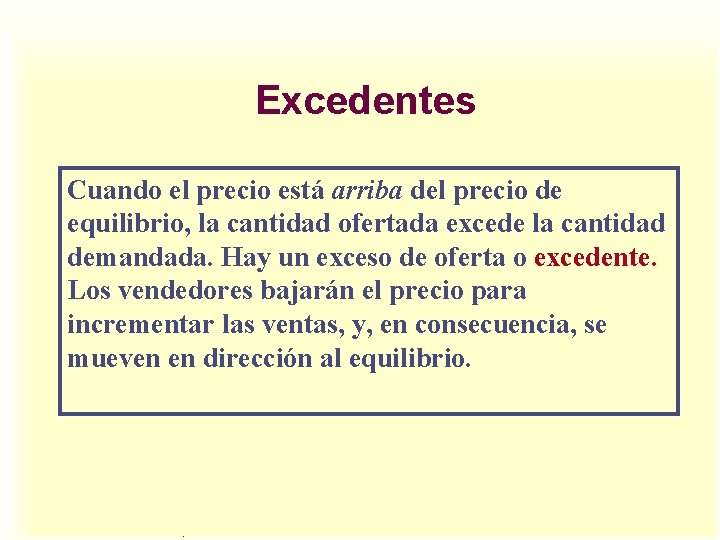 Excedentes Cuando el precio está arriba del precio de equilibrio, la cantidad ofertada excede Excedentes Cuando el precio está arriba del precio de equilibrio, la cantidad ofertada excede