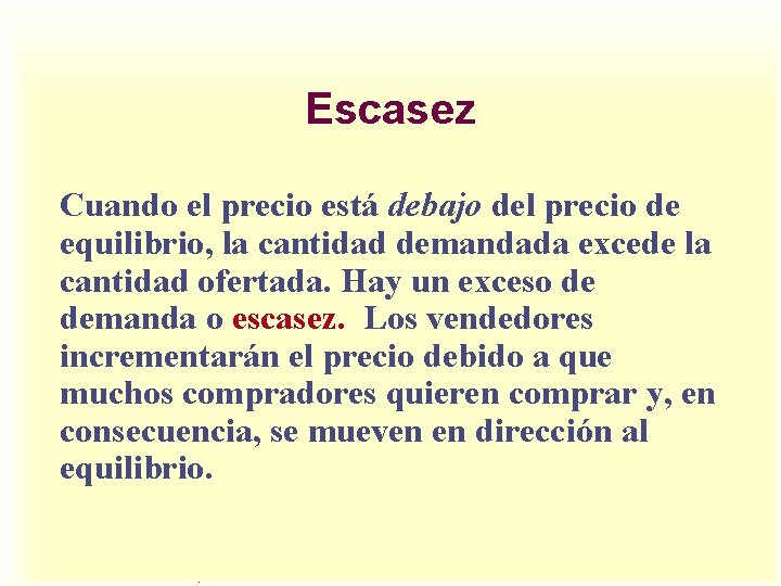 Escasez Cuando el precio está debajo del precio de equilibrio, la cantidad demandada excede Escasez Cuando el precio está debajo del precio de equilibrio, la cantidad demandada excede