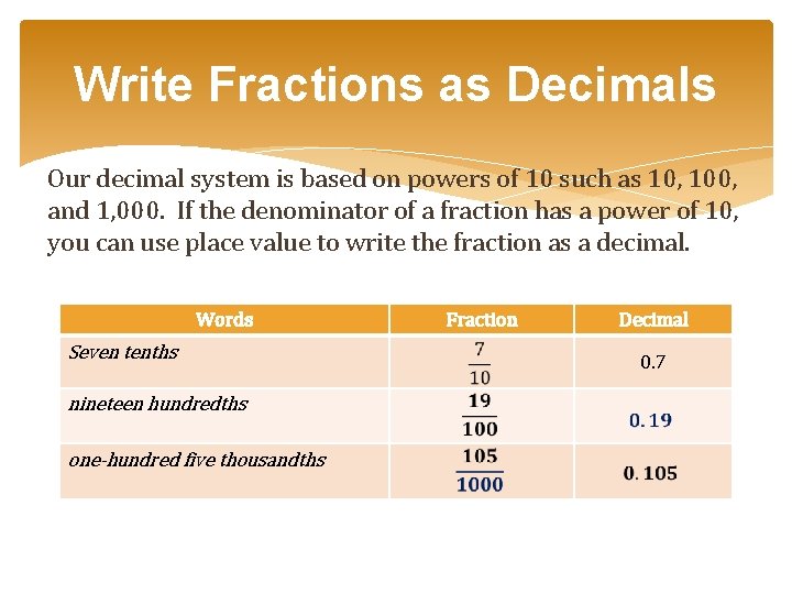 Write Fractions as Decimals Our decimal system is based on powers of 10 such Write Fractions as Decimals Our decimal system is based on powers of 10 such