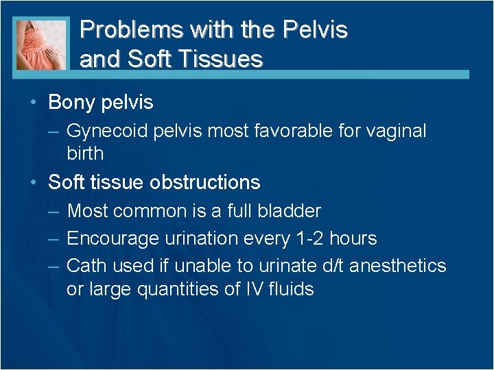 Problems with the Pelvis and Soft Tissues • Bony pelvis – Gynecoid pelvis most