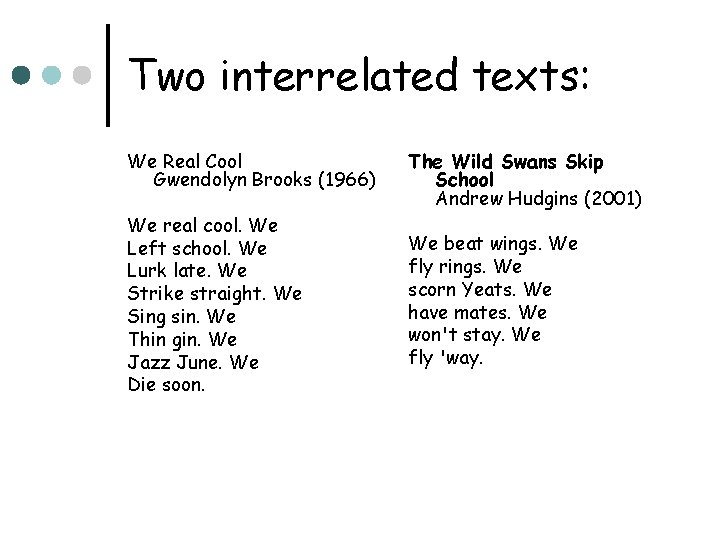 Two interrelated texts: We Real Cool Gwendolyn Brooks (1966) We real cool. We Left