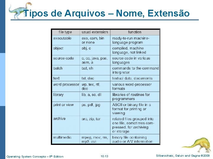 Tipos de Arquivos – Nome, Extensão Operating System Concepts – 8 th Edition 10.