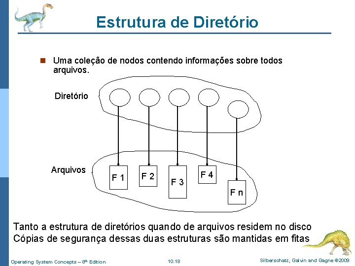 Estrutura de Diretório n Uma coleção de nodos contendo informações sobre todos arquivos. Diretório