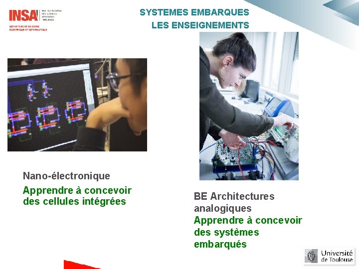 SYSTEMES EMBARQUES LES ENSEIGNEMENTS Nano-électronique Apprendre à concevoir des cellules intégrées BE Architectures analogiques