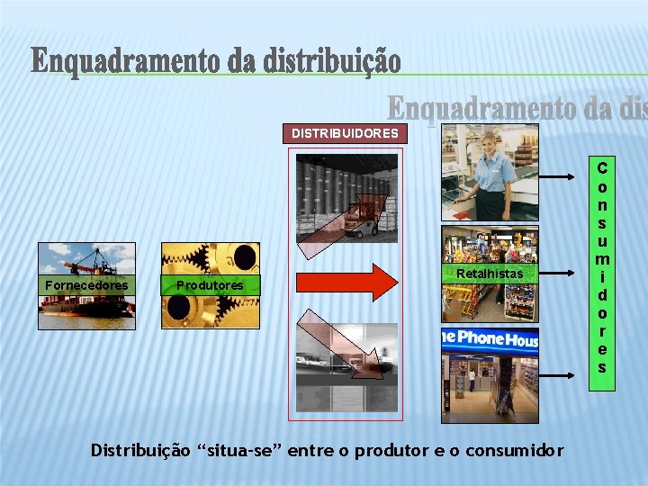 DISTRIBUIDORES Fornecedores Produtores Retalhistas Distribuição “situa-se” entre o produtor e o consumidor C o