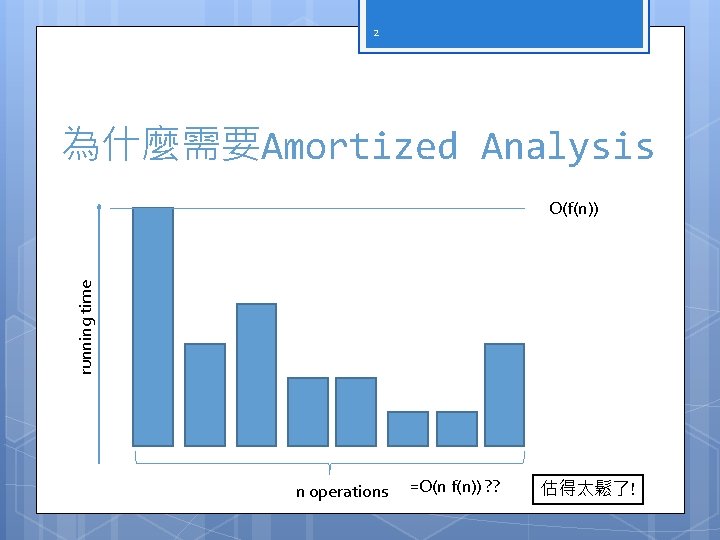 2 為什麼需要Amortized Analysis running time O(f(n)) n operations =O(n f(n)) ? ? 估得太鬆了! 