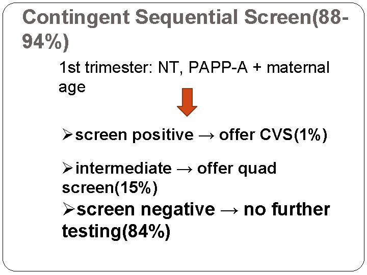 Contingent Sequential Screen(8894%) 1 st trimester: NT, PAPP-A + maternal age Øscreen positive →