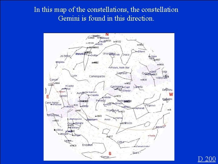 In this map of the constellations, the constellation Gemini is found in this direction.