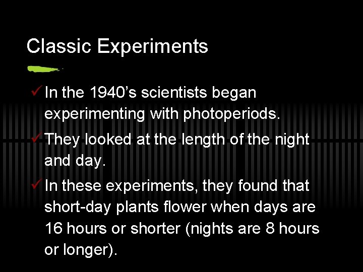 Classic Experiments ü In the 1940’s scientists began experimenting with photoperiods. ü They looked