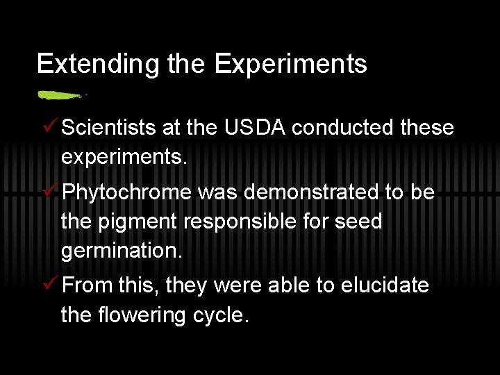 Extending the Experiments ü Scientists at the USDA conducted these experiments. ü Phytochrome was