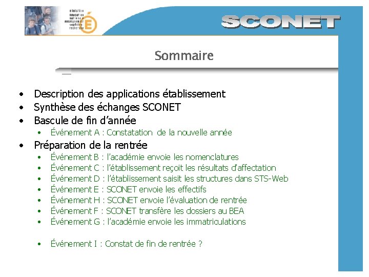 Sommaire • • • Description des applications établissement Synthèse des échanges SCONET Bascule de Sommaire • • • Description des applications établissement Synthèse des échanges SCONET Bascule de