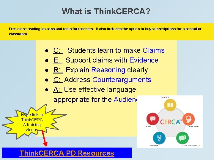What is Think. CERCA? Free close reading lessons and tools for teachers. It also