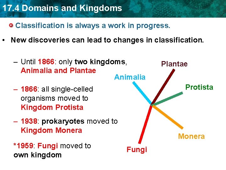 17. 4 Domains and Kingdoms Classification is always a work in progress. • New