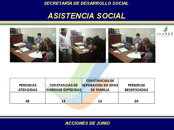 SECRETARÍA DE DESARROLLO SOCIAL ASISTENCIA SOCIAL PERSONAS ATENDIDAS 42 CONSTANCIAS DE SEPARACION DE JEFAS