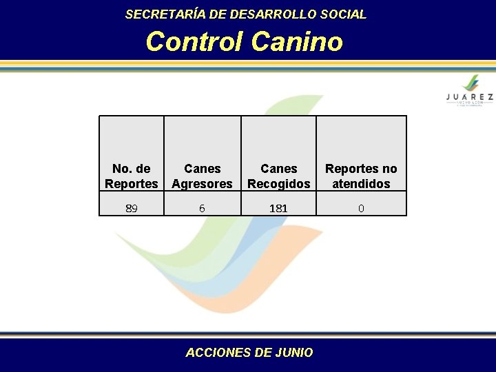 SECRETARÍA DE DESARROLLO SOCIAL Control Canino No. de Reportes Canes Agresores Canes Recogidos Reportes