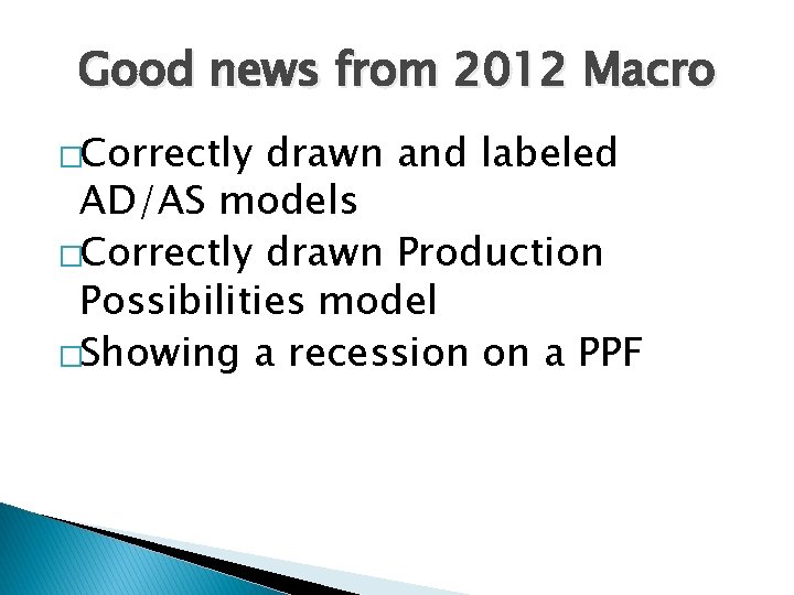 Good news from 2012 Macro �Correctly drawn and labeled AD/AS models �Correctly drawn Production