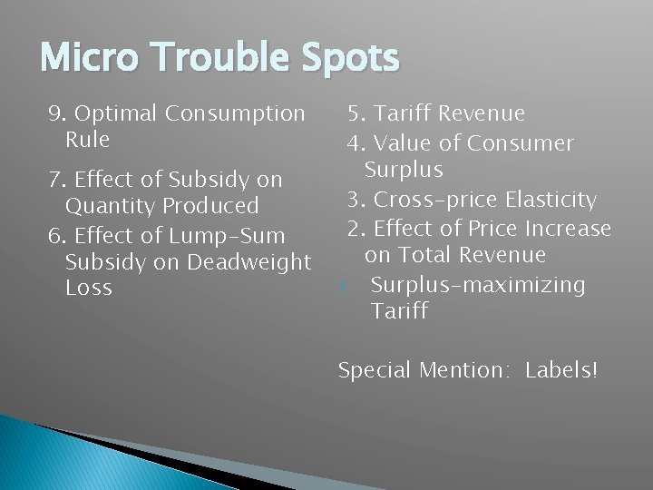 Micro Trouble Spots 9. Optimal Consumption Rule 7. Effect of Subsidy on Quantity Produced