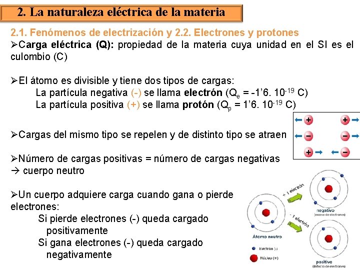 2. La naturaleza eléctrica de la materia 2. 1. Fenómenos de electrización y 2.