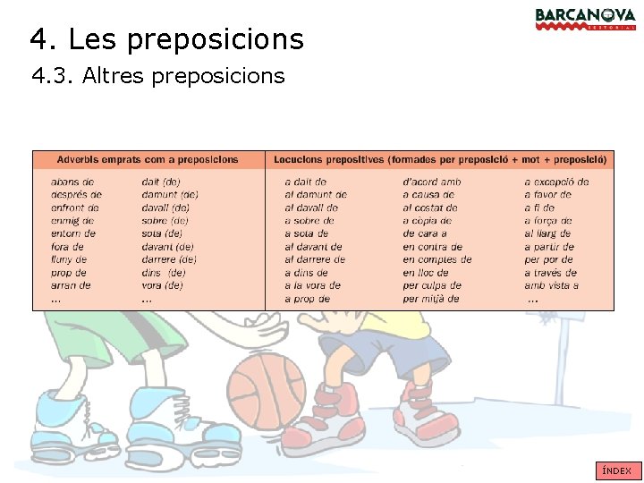 4. Les preposicions 4. 3. Altres preposicions ÍNDEX 