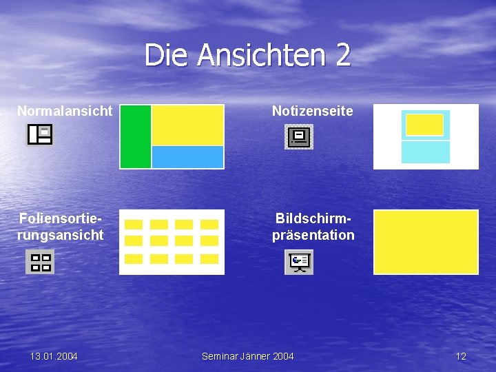 Die Ansichten 2 Normalansicht Notizenseite Foliensortierungsansicht Bildschirmpräsentation 13. 01. 2004 Seminar Jänner 2004 12