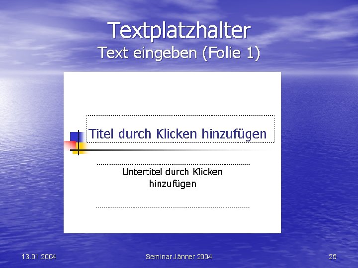 Textplatzhalter Text eingeben (Folie 1) 13. 01. 2004 Seminar Jänner 2004 25 