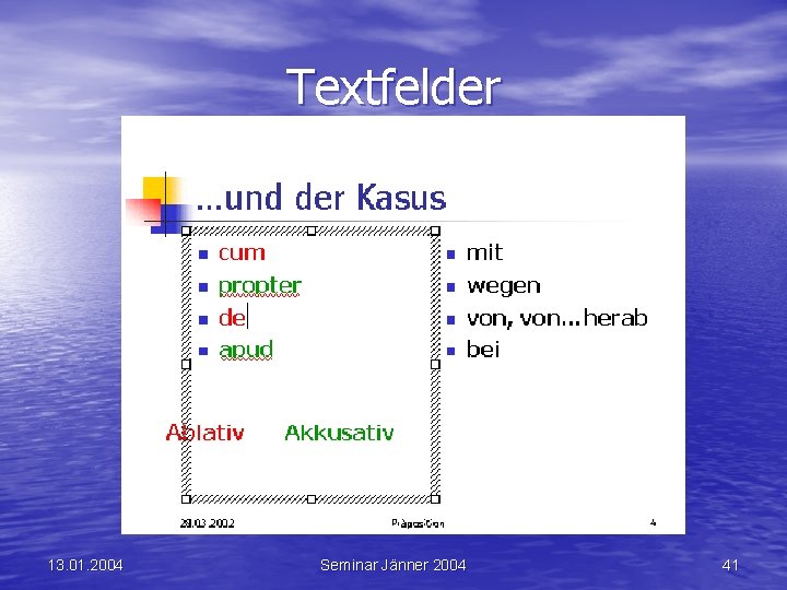Textfelder 13. 01. 2004 Seminar Jänner 2004 41 