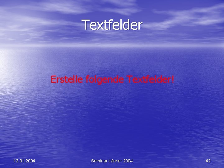 Textfelder Erstelle folgende Textfelder! 13. 01. 2004 Seminar Jänner 2004 42 