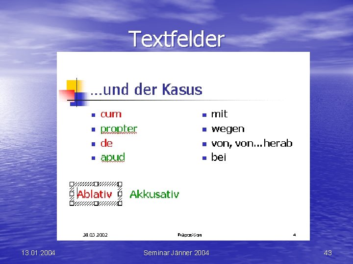 Textfelder 13. 01. 2004 Seminar Jänner 2004 43 