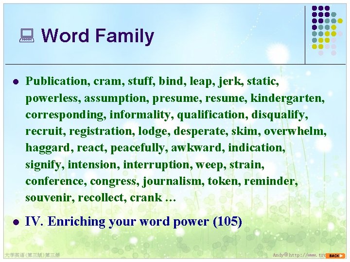 : Word Family l Publication, cram, stuff, bind, leap, jerk, static, powerless, assumption, presume,