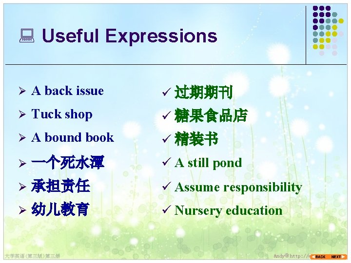 : Useful Expressions Ø A back issue ü 过期期刊 Ø Tuck shop ü 糖果食品店