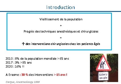 Introduction Vieillissement de la population + Progrès des techniques anesthésiques et chirurgicales = ↑