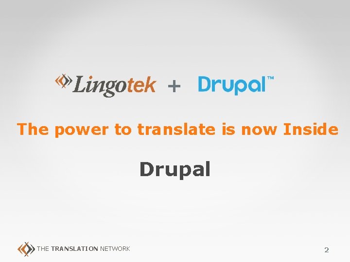 + The power to translate is now Inside Drupal THE TRANSLATION NETWORK 2 + The power to translate is now Inside Drupal THE TRANSLATION NETWORK 2