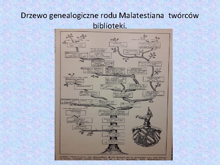 Drzewo genealogiczne rodu Malatestiana twórców biblioteki. 