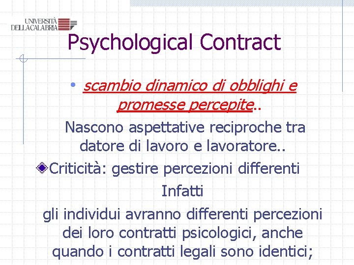 Psychological Contract • scambio dinamico di obblighi e promesse percepite. . Nascono aspettative reciproche Psychological Contract • scambio dinamico di obblighi e promesse percepite. . Nascono aspettative reciproche