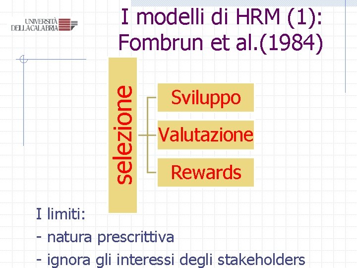 selezione I modelli di HRM (1): Fombrun et al. (1984) Sviluppo Valutazione Rewards I selezione I modelli di HRM (1): Fombrun et al. (1984) Sviluppo Valutazione Rewards I
