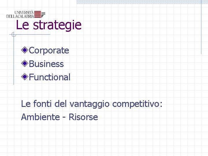 Le strategie Corporate Business Functional Le fonti del vantaggio competitivo: Ambiente - Risorse Le strategie Corporate Business Functional Le fonti del vantaggio competitivo: Ambiente - Risorse